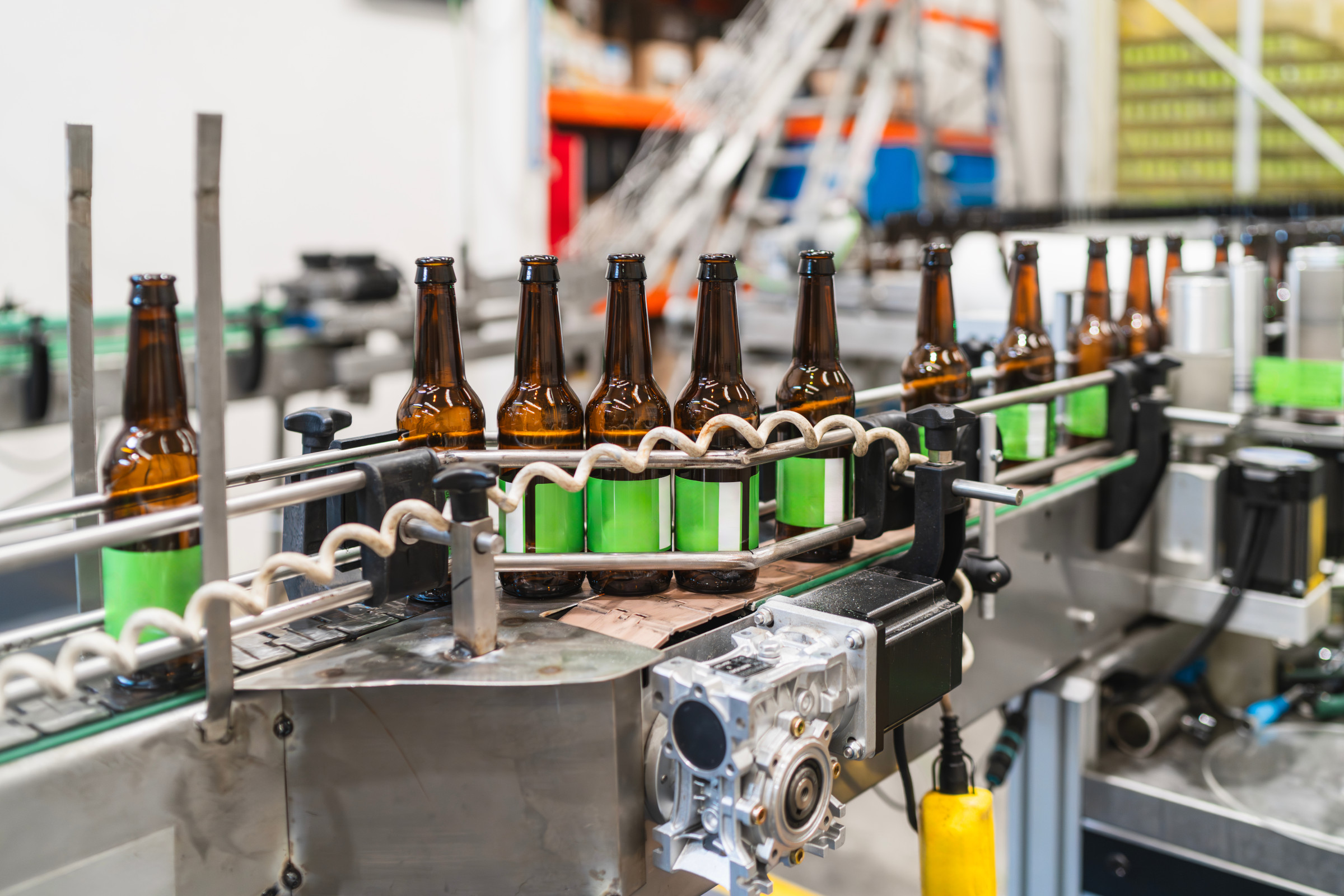 Beer bottles moving along brewery conveyor belt